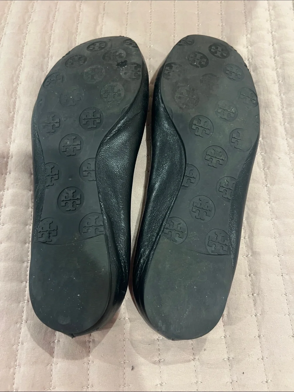 Tory Burch Black Leather Logo Round-Toe Ballet Flats
